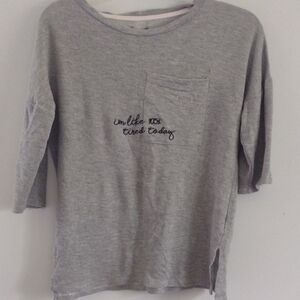 Gray Casual 3/4 Top with Embroidered Text